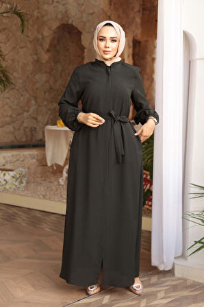 Kemerli Koyu Haki Tesettür Ferace 26391KHK