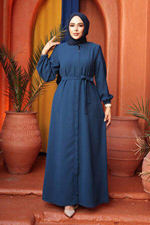 Kemerli İndigo Mavisi Tesettür Ferace 26391IM