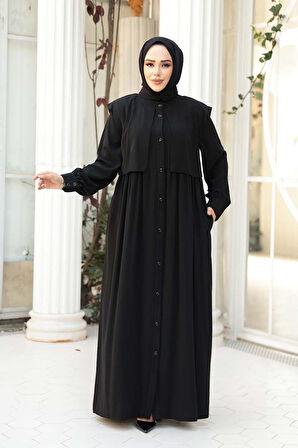 Düğmeli Siyah Tesettür Ferace 26441S