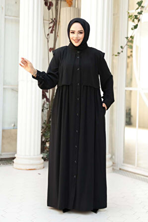 Düğmeli Siyah Tesettür Ferace 26441S