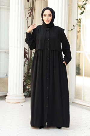 Düğmeli Siyah Tesettür Ferace 26441S