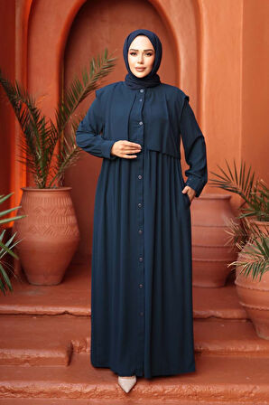 Düğmeli Lacivert Tesettür Ferace 26441L