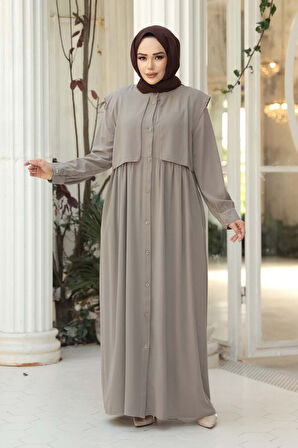 Düğmeli Bej Tesettür Ferace 26441BEJ