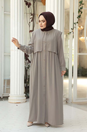Düğmeli Bej Tesettür Ferace 26441BEJ