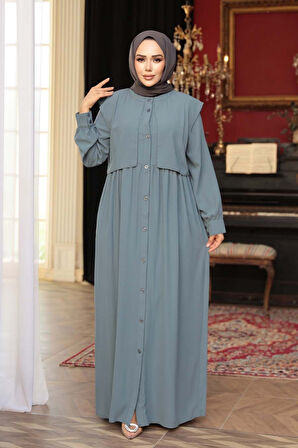 Düğmeli Koyu Mint Tesettür Ferace 26441KMINT
