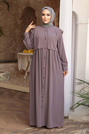 Düğmeli Gül Kurusu Tesettür Ferace 26441GK