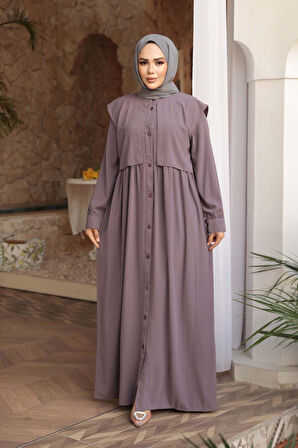 Düğmeli Gül Kurusu Tesettür Ferace 26441GK