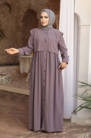 Düğmeli Gül Kurusu Tesettür Ferace 26441GK