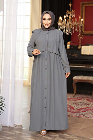 Düğmeli Gri Tesettür Ferace 26441GR