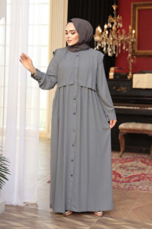 Düğmeli Gri Tesettür Ferace 26441GR