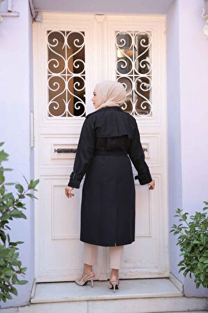 Tokalı Kemerli Siyah Tesettür Trençkot 26412S