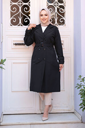 Tokalı Kemerli Siyah Tesettür Trençkot 26412S
