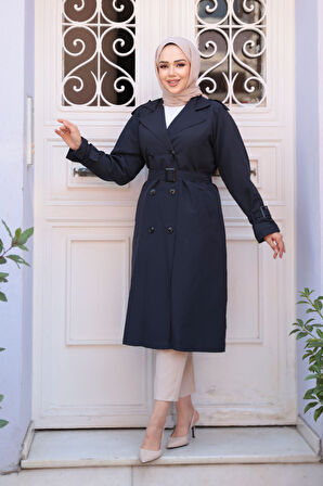Tokalı Kemerli Lacivert Tesettür Trençkot 26412L