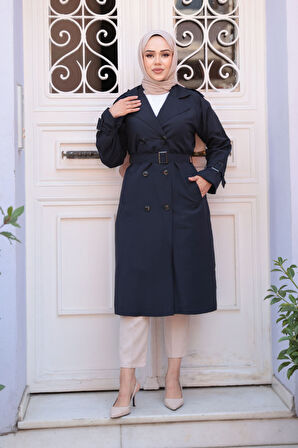 Tokalı Kemerli Lacivert Tesettür Trençkot 26412L