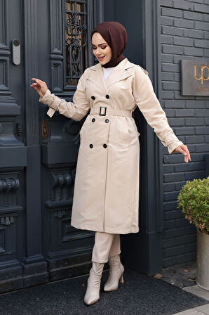 Tokalı Kemerli Bej Tesettür Trençkot 26412BEJ