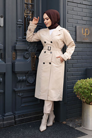 Tokalı Kemerli Bej Tesettür Trençkot 26412BEJ