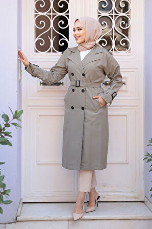 Tokalı Kemerli Açık Haki Tesettür Trençkot 26412AHK