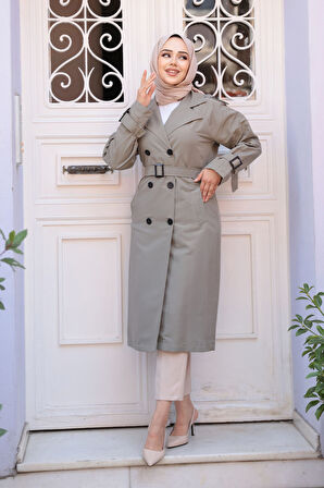 Tokalı Kemerli Açık Haki Tesettür Trençkot 26412AHK