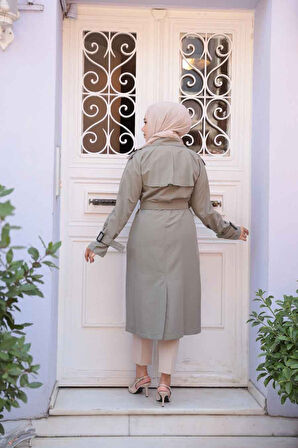 Tokalı Kemerli Açık Haki Tesettür Trençkot 26412AHK