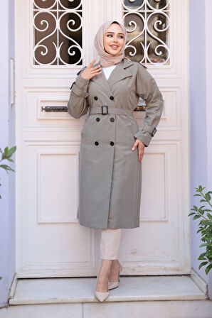 Tokalı Kemerli Açık Haki Tesettür Trençkot 26412AHK
