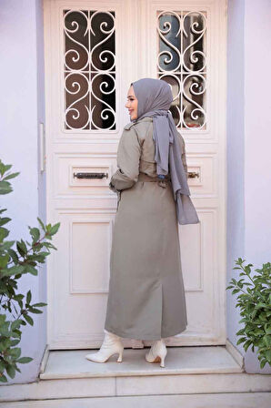 Tokalı Kemerli Açık Haki Tesettür Trençkot 26413AHK