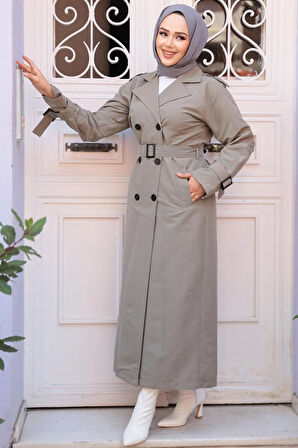 Tokalı Kemerli Açık Haki Tesettür Trençkot 26413AHK