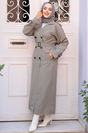Tokalı Kemerli Açık Haki Tesettür Trençkot 26413AHK
