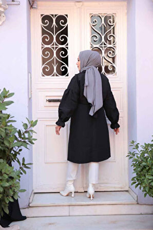 Kemerli Siyah Tesettür Trençkot 26421S