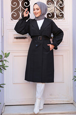 Kemerli Siyah Tesettür Trençkot 26421S