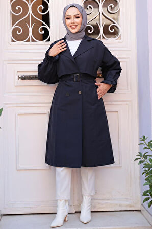 Kemerli Lacivert Tesettür Trençkot 26421L