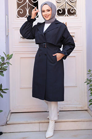 Kemerli Lacivert Tesettür Trençkot 26421L