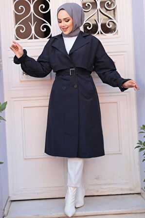 Kemerli Lacivert Tesettür Trençkot 26421L