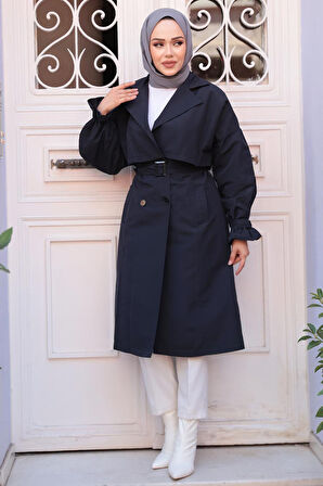 Kemerli Lacivert Tesettür Trençkot 26421L