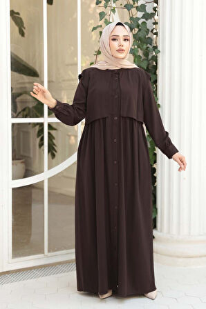 Düğmeli Koyu Kahverengi Tesettür Ferace 26441KKH