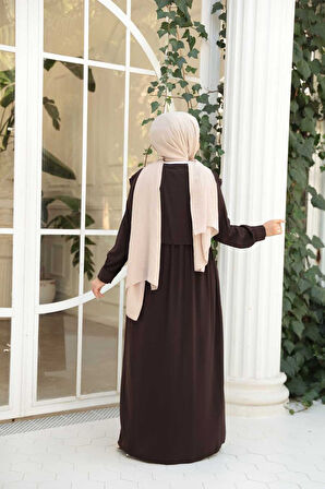 Düğmeli Koyu Kahverengi Tesettür Ferace 26441KKH
