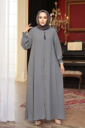 Fermuarlı Gri Tesettür Abaya 26302GR