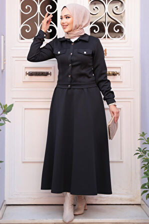 Etekli Siyah Tesettür Scuba İkili Takım 13212S
