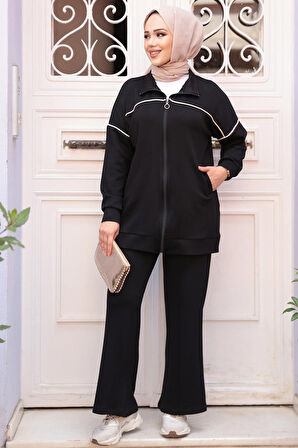 Fermuarlı Siyah Tesettür İkili Takım 13231S