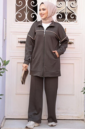 Fermuarlı Haki  Tesettür İkili Takım 13231HK
