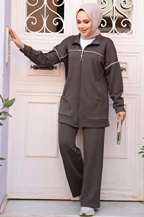 Fermuarlı Haki  Tesettür İkili Takım 13231HK
