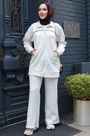 Fermuarlı Ekru Tesettür İkili Takım 13231E