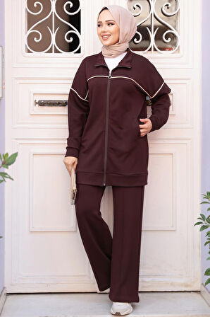 Fermuarlı Koyu Kahverengi Tesettür İkili Takım 13231KKH