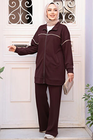 Fermuarlı Koyu Kahverengi Tesettür İkili Takım 13231KKH