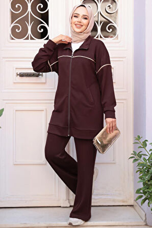 Fermuarlı Koyu Kahverengi Tesettür İkili Takım 13231KKH