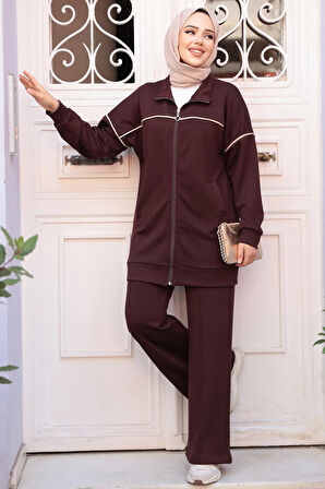 Fermuarlı Koyu Kahverengi Tesettür İkili Takım 13231KKH