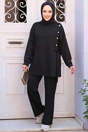 Düğme Detaylı Siyah Tesettür İkili Takım 13261S