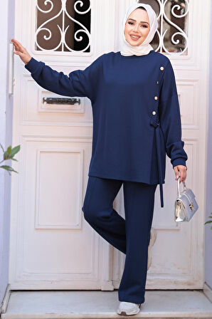 Düğme Detaylı Lacivert Tesettür İkili Takım 13261L