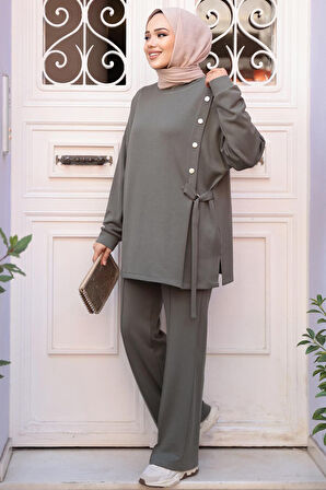 Düğme Detaylı Haki Tesettür İkili Takım 13261HK