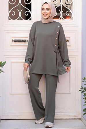 Düğme Detaylı Haki Tesettür İkili Takım 13261HK