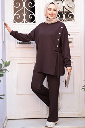 Düğme Detaylı Koyu Kahverengi Tesettür İkili Takım 13261KKH